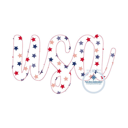 USA Script Applique Embroidery Machine Embroidery Raggy Bean Stitch Five Sizes 4x4, 5x7, 8x8, 6x10, and 8x12 Hoop