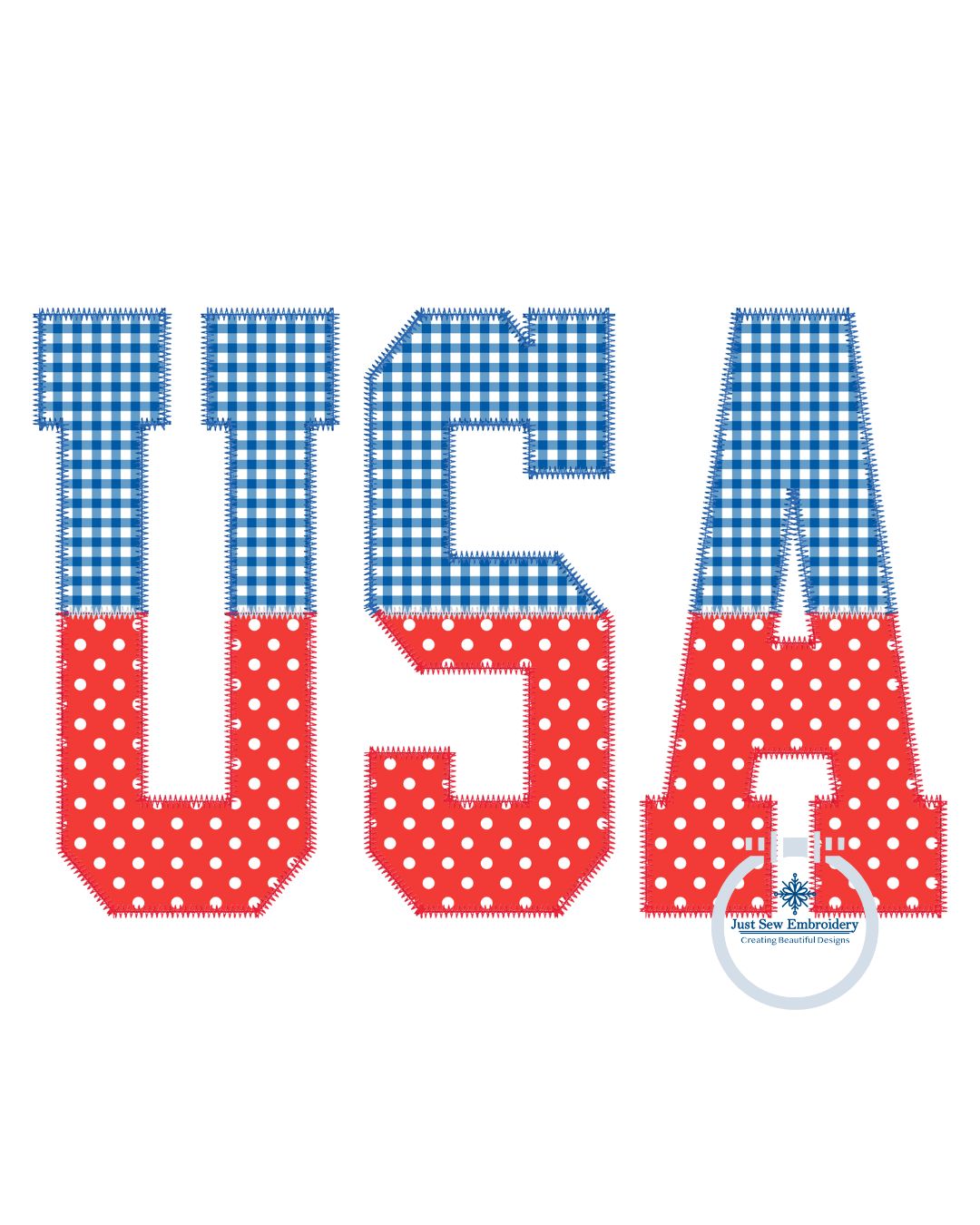 USA Applique Embroidery Split Design Machine Embroidery Two Color ZigZag Stitch July 4th Six Sizes 5x7, 8x8, 9x9, 6x10, 7x12, and 8x12 Hoop