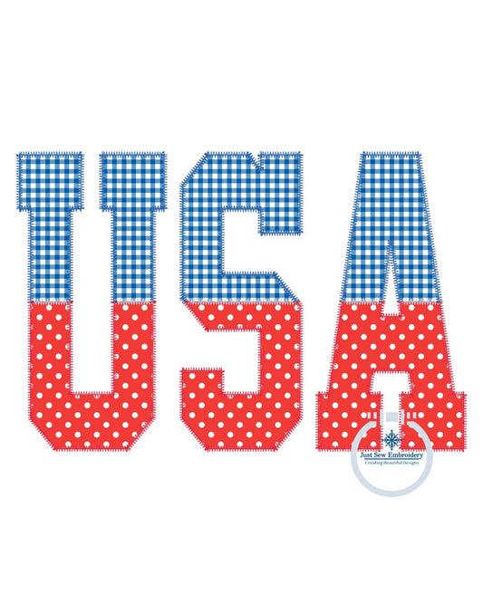 USA Applique Embroidery Split Design Machine Embroidery Two Color ZigZag Stitch July 4th Six Sizes 5x7, 8x8, 9x9, 6x10, 7x12, and 8x12 Hoop