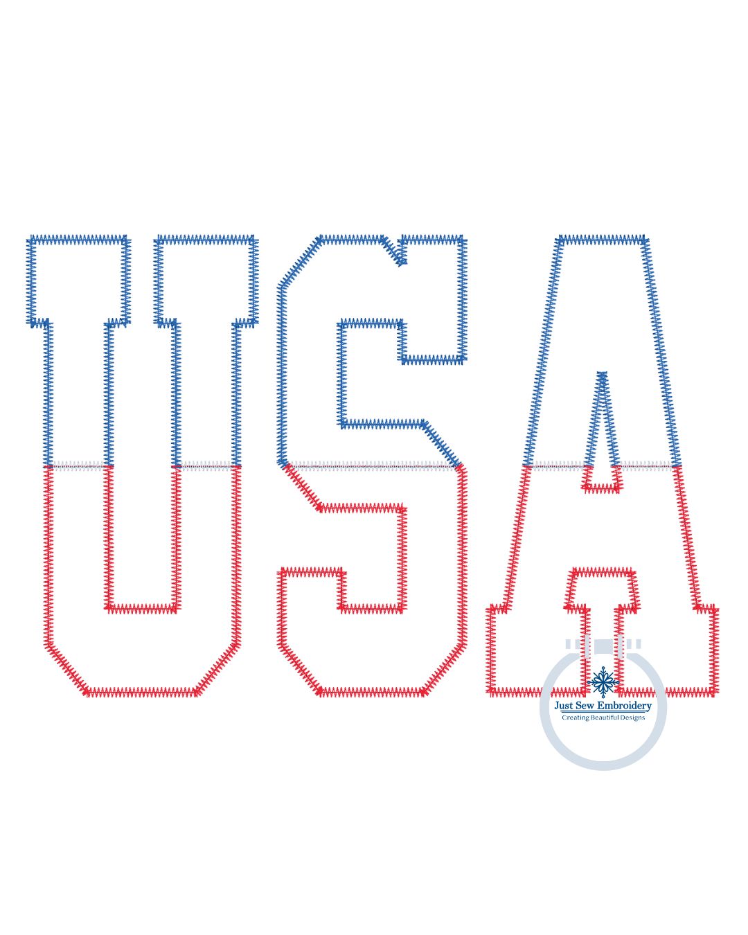 USA Applique Embroidery Split Design Machine Embroidery Two Color ZigZag Stitch July 4th Six Sizes 5x7, 8x8, 9x9, 6x10, 7x12, and 8x12 Hoop