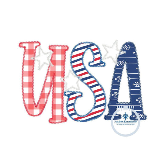 USA Stars Applique Embroidery Machine Embroidery ZigZag Stitch July 4 4th of July Independence Three Sizes 5x7, 6x10, and 8x12 Hoop
