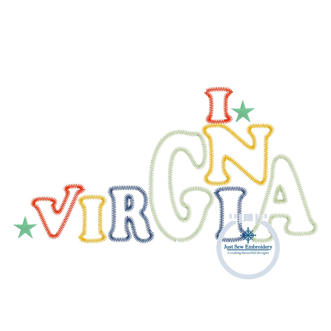 Virginia State Shaped Letters Zigzag Embroidered Applique with Design Five Sizes 5x7, 8x8, 9x9, 6x10, and 7x12 Hoop