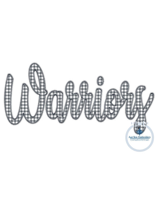 Warriors Applique Embroidery Zigzag Script Design Machine Embroidery Three Sizes 9x9, 6x10, 8x12 Hoop