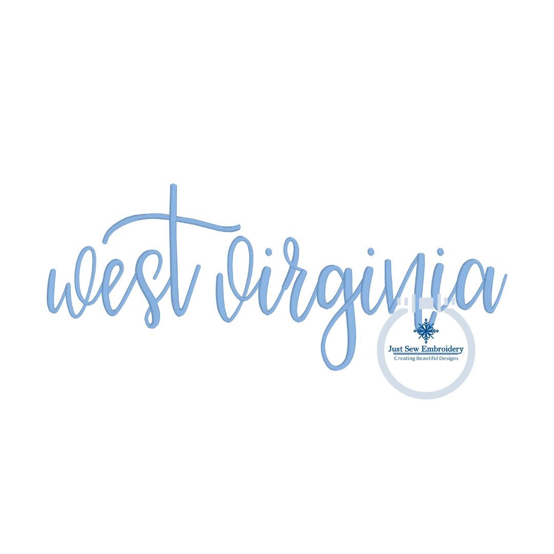 West Virginia Embroidered Script Design WV Machine Embroidery Six Sizes 7, 8, 9, 10, 11, & 12 Inches