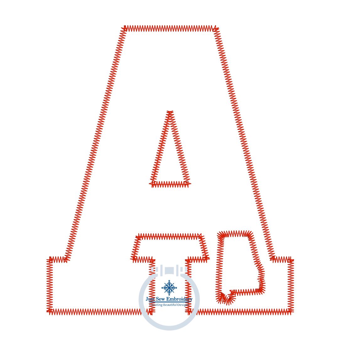 A Alabama Applique Embroidery State Cutout Design Zigzag Edge Stitch Five Sizes 4x4, 5x5, 6x6, 7x7, and 8x8 Inches