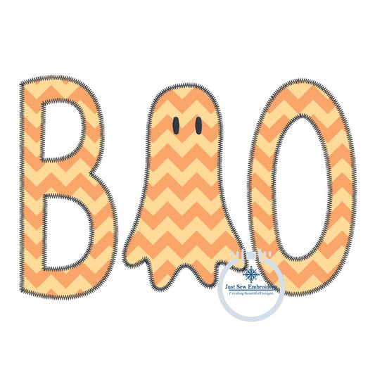 BOO Ghost ZZ Applique Embroidery Design Halloween Four Sizes 5x7, 6x10, 8x8, and 8x12 Hoops