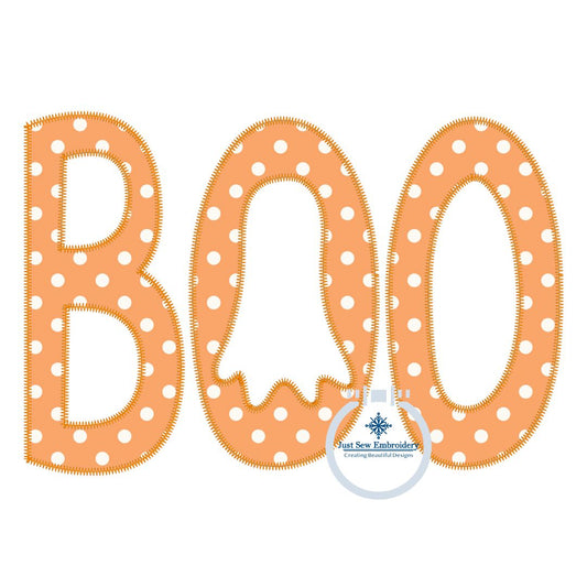 BOO Ghost ZZ Applique Embroidery Design Halloween Four Sizes 5x7, 6x10, 8x8, and 8x12 Hoops