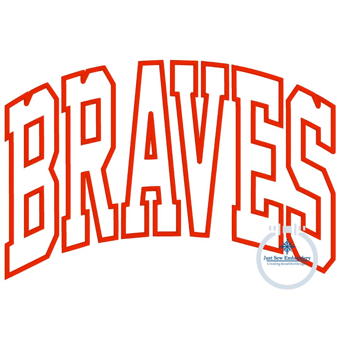Braves Arched Satin Applique Embroidery Varsity Font Design Machine Embroidery Five Sizes 5x7, 8x8, 6x10, 7x12, and 8x12 Hoop