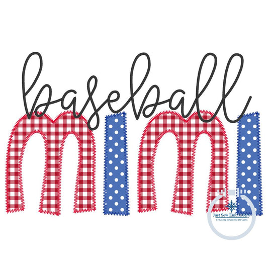 Baseball MIMI Zigzag Applique Machine Embroidery Design Four Sizes 5x7, 8x8, 6x10, and 7x12 Hoop