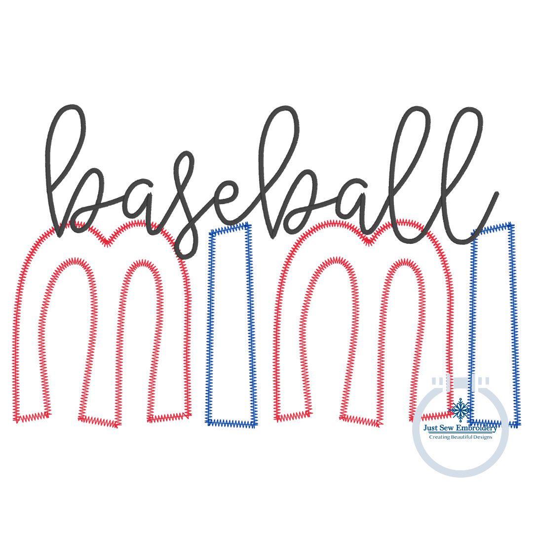 Baseball MIMI Zigzag Applique Machine Embroidery Design Four Sizes 5x7, 8x8, 6x10, and 7x12 Hoop