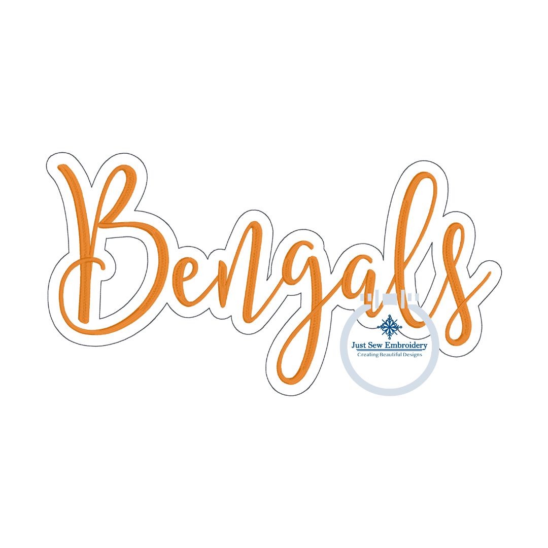 Bengals Script Embroidery Satin Stitch With Bean Stitch Outline Four Sizes 5x7, 8x8, 6x10, and 7x12 Hoop