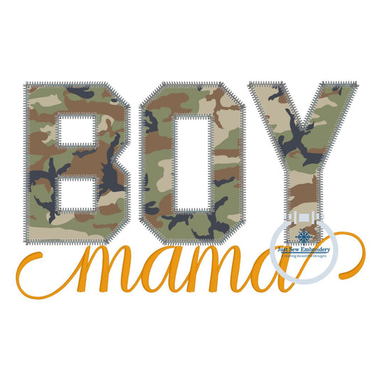 Boy Mama Block Applique Embroidery with Satin Script Three Sizes 5x7, 6x10, and 8x12 Hoop