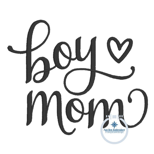 Boy Mom Satin Script Embroidery Design Satin Stitch Two Sizes Hat and Left Chest 4x4 Hoop