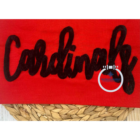 CARDINALS Script Chenille Yarn Applique Design Machine Embroidery Two Sizes 6x10 and 7x12 Hoop