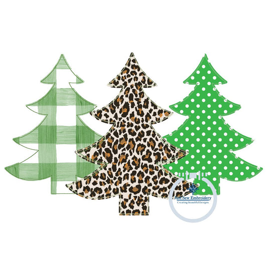 Christmas Tree Trio Applique Machine Embroidery Design 2 Edge Stitches Raggy (Bean) & ZigZag Six Sizes 5x7, 8x8, 9x9, 6x10, 7x12, 8x12 Hoop