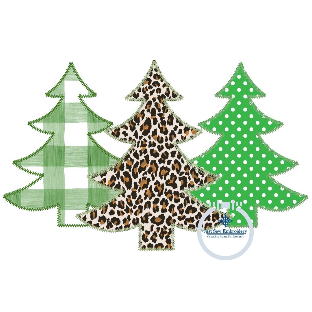 Christmas Tree Trio Applique Machine Embroidery Design with 2 Finishing Stitches Raggy (Bean) and ZigZag 8x12 Hoop
