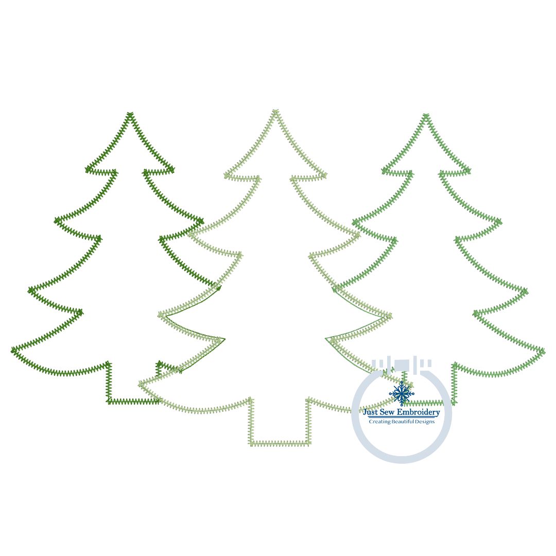 Christmas Tree Trio Applique Machine Embroidery Design 2 Edge Stitches Raggy (Bean) & ZigZag Six Sizes 5x7, 8x8, 9x9, 6x10, 7x12, 8x12 Hoop