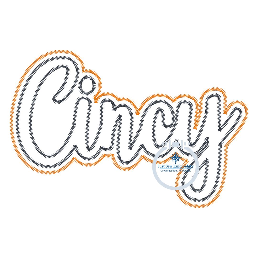 Cincy Cincinnati Applique OH Ohio Zigzag Machine Embroidery Two Layer Five Sizes 5x7, 8x8, 6x10, 7x12, and 8x12 Hoop