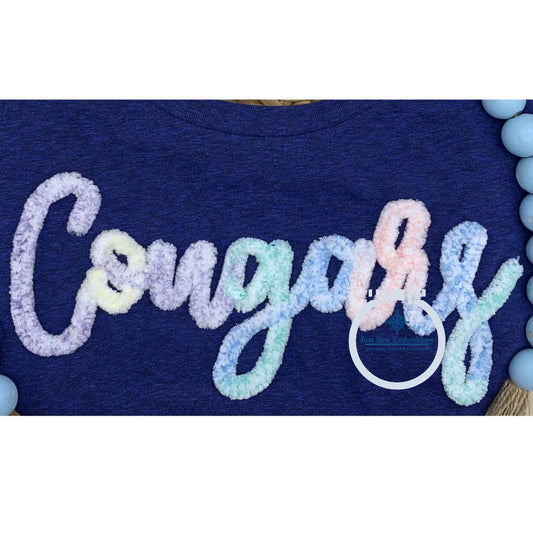 COUGARS Script Chenille Yarn Applique Design Machine Embroidery Three Sizes 8x8, 6x10 and 7x12 Hoop
