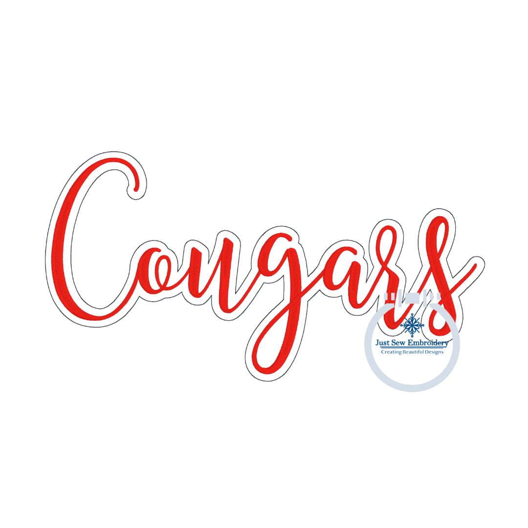 COUGARS Script Embroidery Design Satin Stitch with Bean Outline Machine Embroidery Four Sizes 5x7, 8x8, 6x10 and 8x12 Hoop