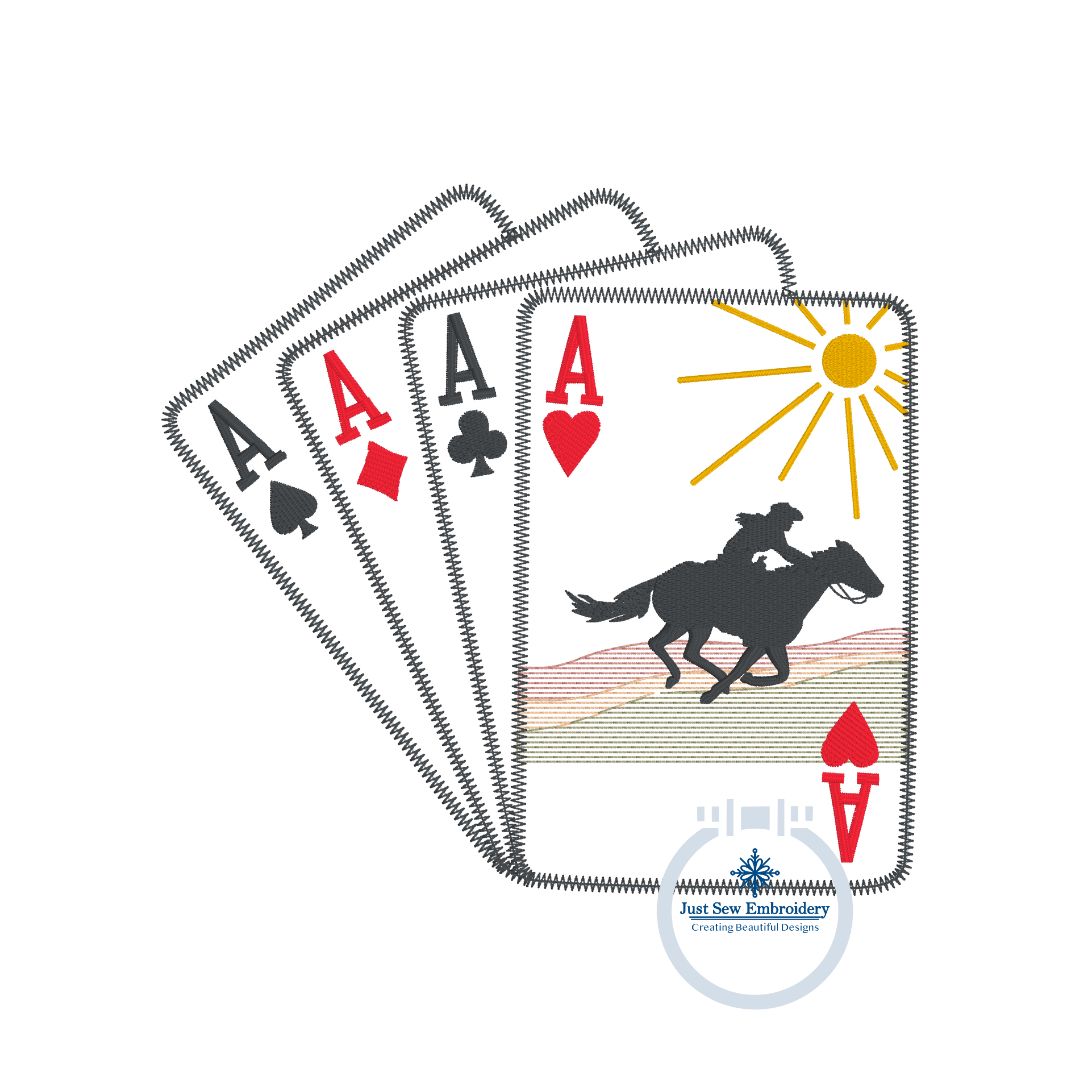 Cowgirl Aces Card Applique Embroidery Design with Zigzag Edge Stitch in Four Sizes 5x7, 8x8, 6x10, and 8x12 Hoop