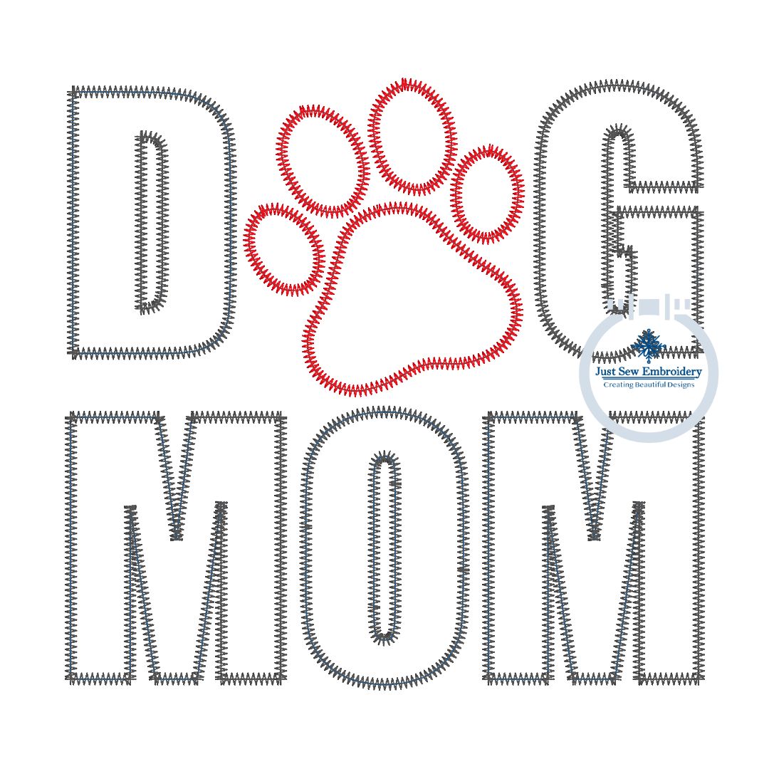 Dog Mom Paw Print Applique Embroidery Color Design Machine Embroidery ZigZag Stitch Dog Lover 8x8 Hoop