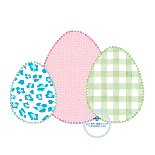 Easter Egg Trio Applique Machine Embroidery Design with Candlewick Finishing Stitch 8x12 Hoop