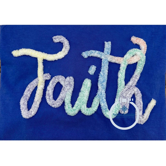 Faith Easter Chenille Yarn Applique Embroidery Four Sizes 5x7, 8x8, 6x10, and 7x12 Hoop