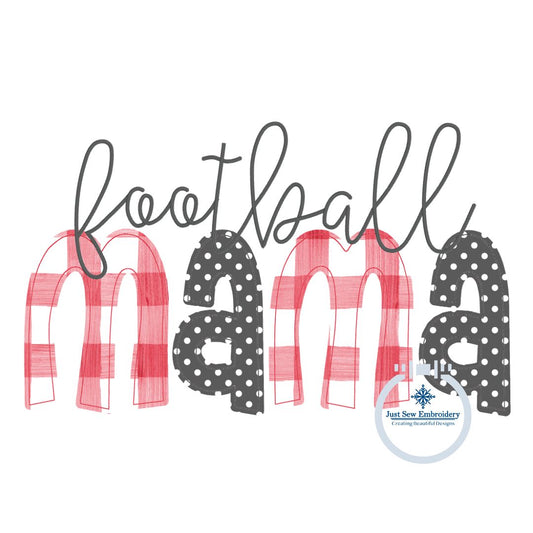 Football MAMA Raggy and Zigzag Applique Machine Embroidery Design Four Sizes 5x7, 8x8, 6x10, and 8x12 Hoop