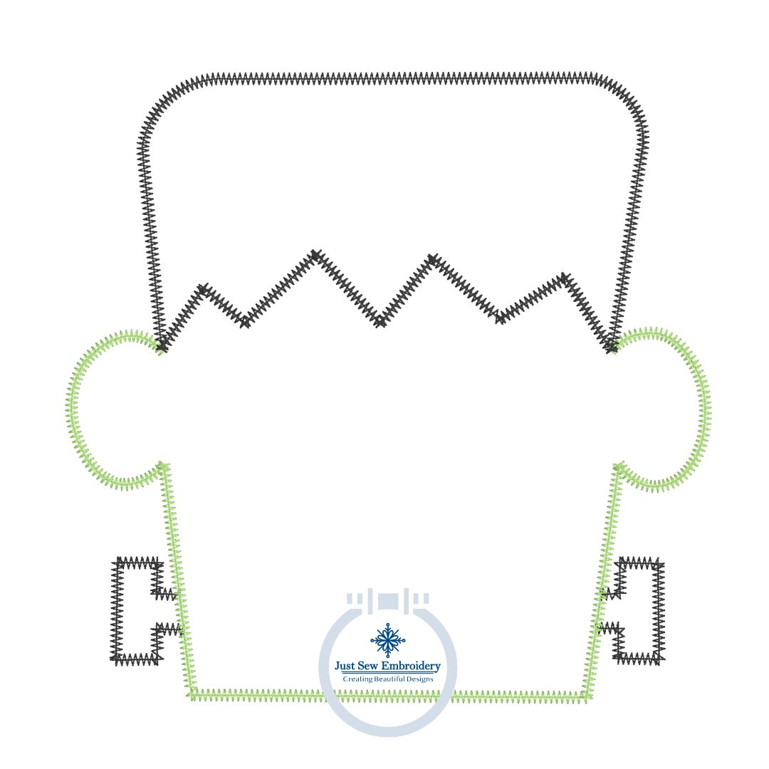 Frankenstein Face Head Zigzag Applique Machine Embroidery Design Seven Sizes 4x4, 5x5, 6x6, 7x7, 8x8, 9x9, and 10x10 Hoop