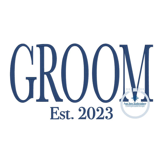 GROOM Established Embroidery Design Tall Serif Font Satin Stitch Four Sizes 5x7, 6x10, 8x8, and 7x12 Hoop