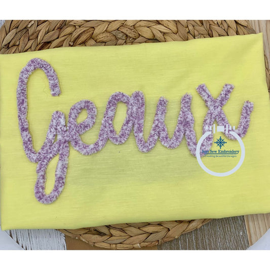 Geaux Chenille Yarn Applique Script Machine Embroidery Design Four Sizes 5x7, 8x8, 6x10, and 7x12 Hoop