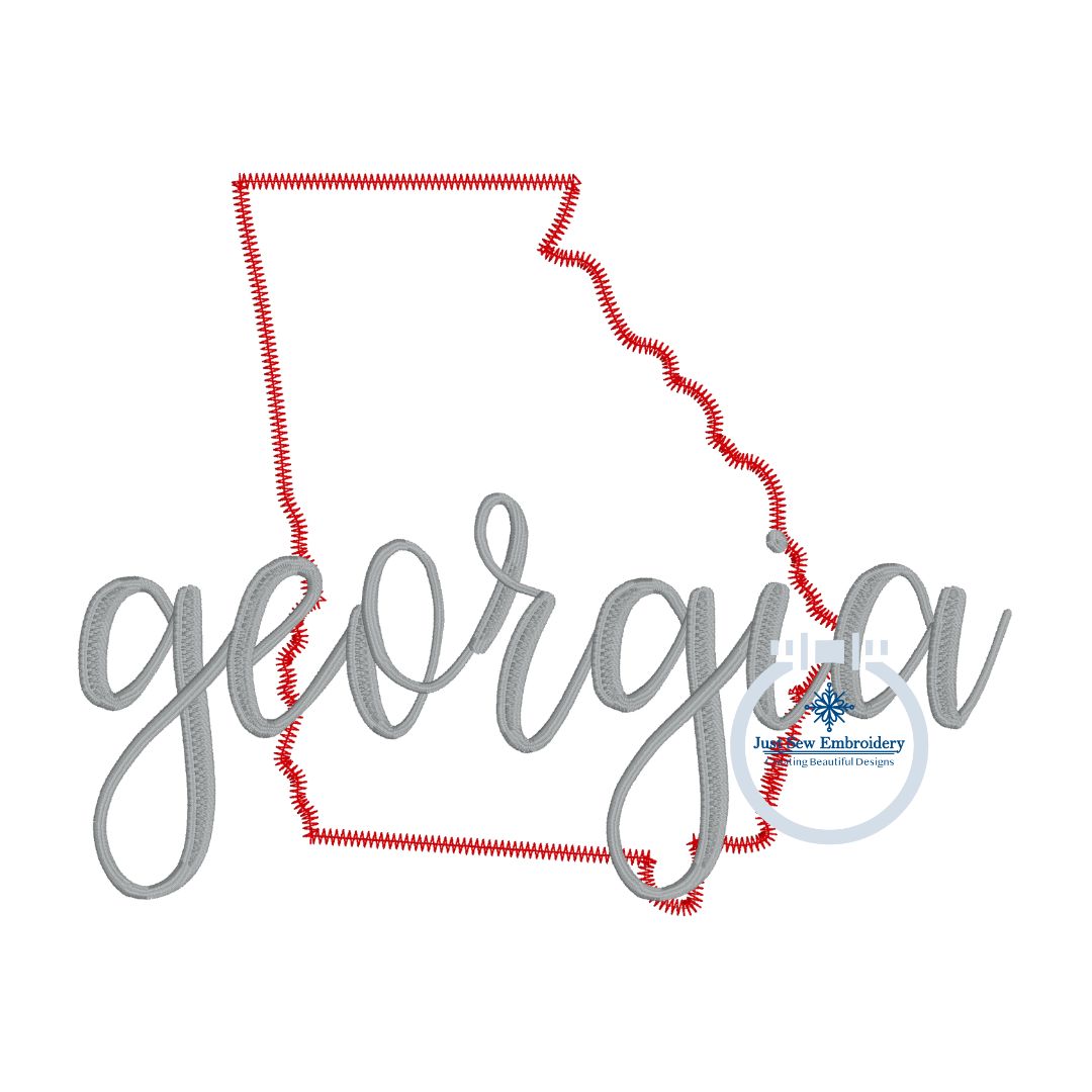 GA Georgia State Applique ZigZag Stitch with Script Overlap Embroidery Design Four Sizes 5x7, 6x10, 7x12, and 8x12 Hoop