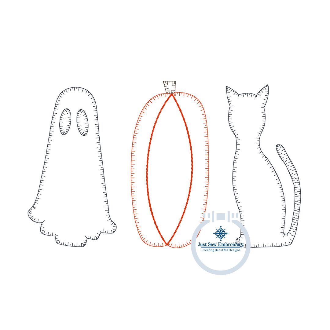 Ghost Pumpkin Cat Trio Applique Embroidery Design Blanket Stitch Halloween Four Sizes 5x7, 6x10, 8x8, and 8x12 Hoops