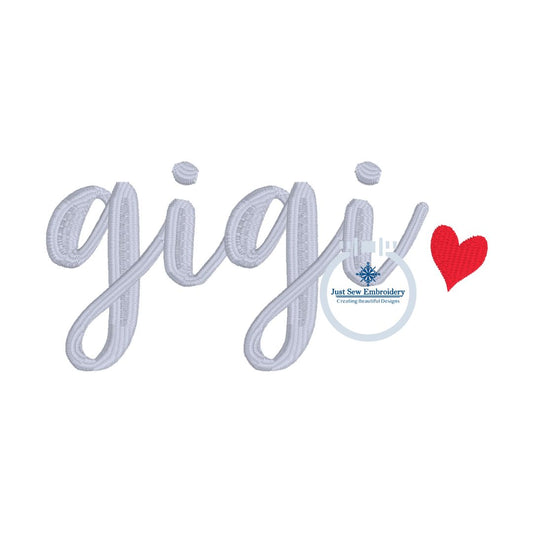Gigi Heart Embroidery Script Design in One Size to Fit Left Chest 4x4 and Hat Hoop
