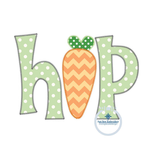 HOP Carrot Applique Machine Embroidery Design with ZigZag Finishing Stitch Five Sizes 5x7, 8x8, 6x10, 7x12, 8x12 Hoops