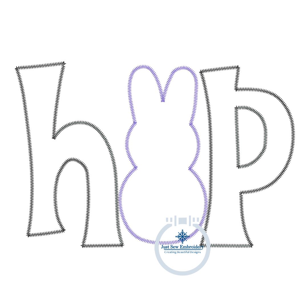 HOP Peep Bunny Applique Embroidery Design with ZigZag Edge Stitch Three Sizes for 5x7, 6x10, and 8x12 Hoop