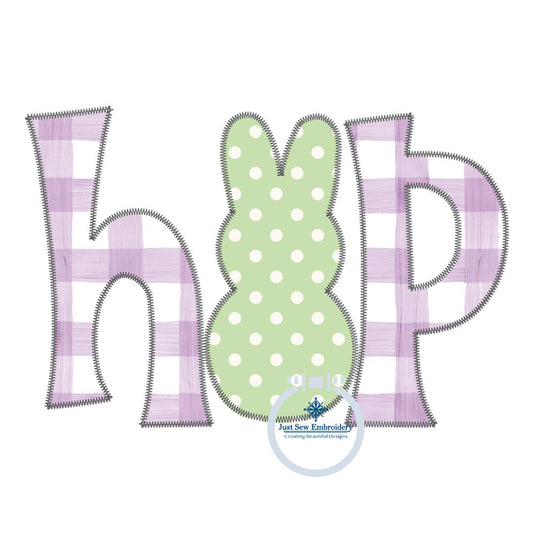 HOP Peep Bunny Applique Embroidery Design with ZigZag Edge Stitch Three Sizes for 5x7, 6x10, and 8x12 Hoop