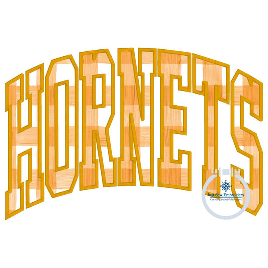 HORNETS Arched Satin Applique Outline Embroidery Design Five Sizes 5x7, 8x8, 6x10, 7x12, and 8x12 Hoop