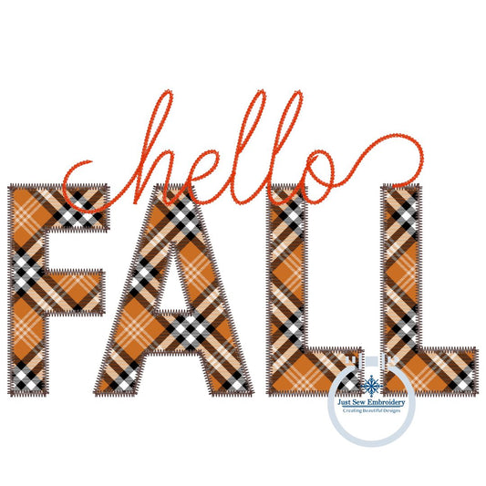 Hello FALL Zigzag Applique Machine Embroidery Design Four Sizes 5x7, 6x10, 8x8, 8x12 Hoop Autumn