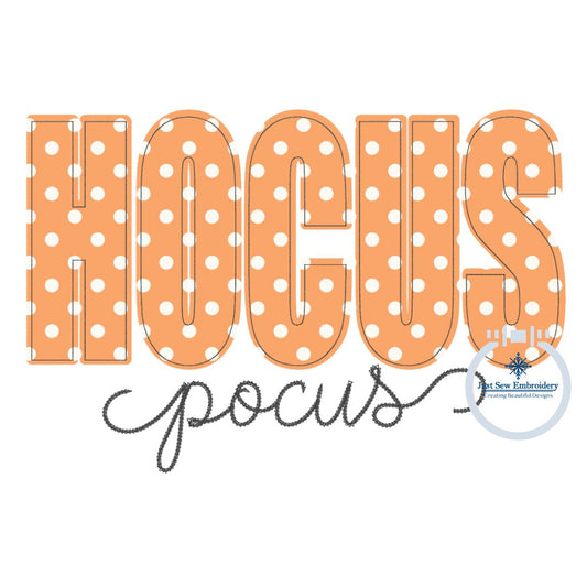 HOCUS Pocus Raggy Applique Machine Embroidery Design Bean Stitch with Chain Stitch Script Four Sizes 5x7, 8x8, 6x10, 8x12 Hoops