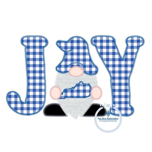 Joy Kentucky Gnome Applique Machine Embroidery Design ZigZag Edge Stitch Four Sizes 5x7, 8x8, 6x10, 8x12 Hoop