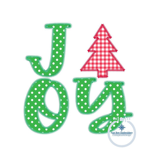 Joy Christmas Tree Zigzag Applique Machine Embroidery Design Three Sizes 5x7, 6x10, and 8x8 Hoop