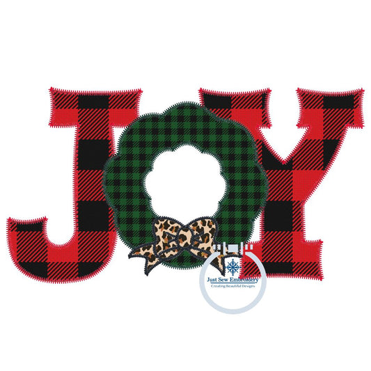 Joy Christmas Wreath Applique Embroidery Design with ZigZag Stitch Four Sizes 5x7, 8x8, 6x10, 8x12 Hoop Machine Embroidery