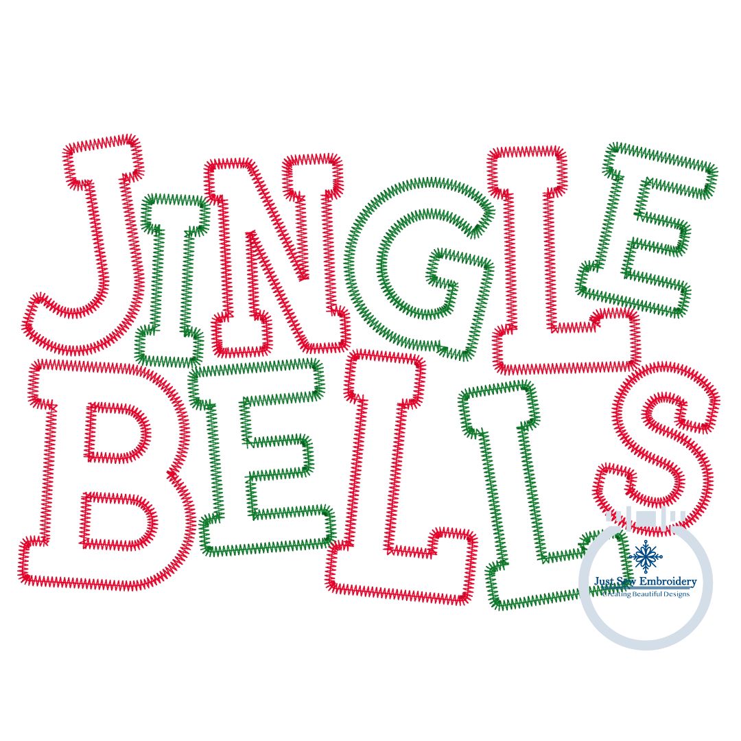 Jingle Bells Christmas Applique Machine Embroidery Design with ZigZag Stitch Four Sizes 5x7, 8x8, 6x10, 8x12 Hoop