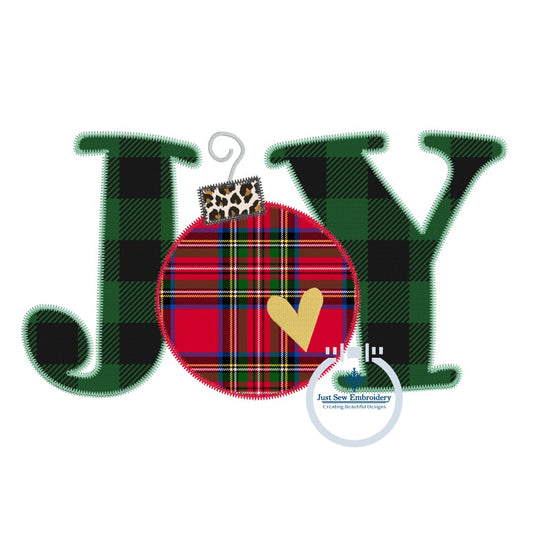 JOY Christmas Ornament Applique Machine Embroidery Design with ZigZag Edge Stitch Four Sizes 5x7, 8x8, 6x10, 8x12 Hoop