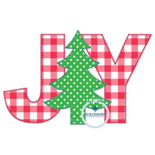 Joy Christmas Tree Applique Machine Embroidery Design ZigZag Edge Stitch Four Sizes 5x7, 8x8, 6x10, 8x12 Hoop