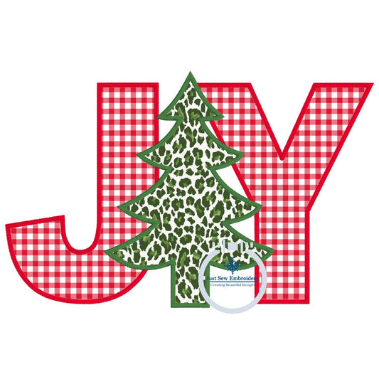 Joy Christmas Tree Applique Machine Embroidery Design Satin Edge Stitch Four Sizes 5x7, 8x8, 6x10, 8x12 Hoop