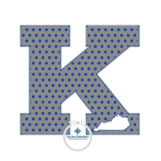K with State Cutout Applique Embroidery Design Three Sizes Zigzag Stitch Kentucky KY 5 inches tall, 7 inches tall, 8 inches tall