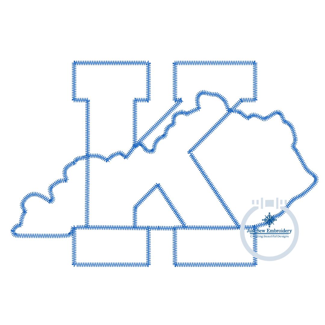 Kentucky K Knockout Applique Embroidery Design Zigzag Stitch KY Five Sizes 5x7, 8x8, 6x10, 7x12, 8x12 Hoop